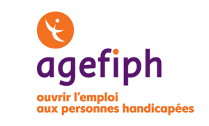 Logo de l'Agefiph en violet et orange sur fond blanc. "Agefiph ouvrir l'emploi aux personnes handicapées".
