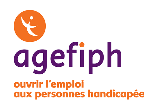 Logo de l'Agefiph en violet et orange sur fond blanc. "Agefiph ouvrir l'emploi aux personnes handicapées".